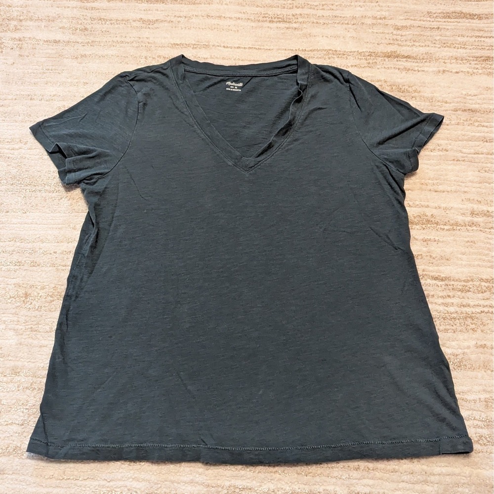 Madewell Whisper Cotton V Neck T-Shirt Women Size M Green Cotton Slub Jersey Tee